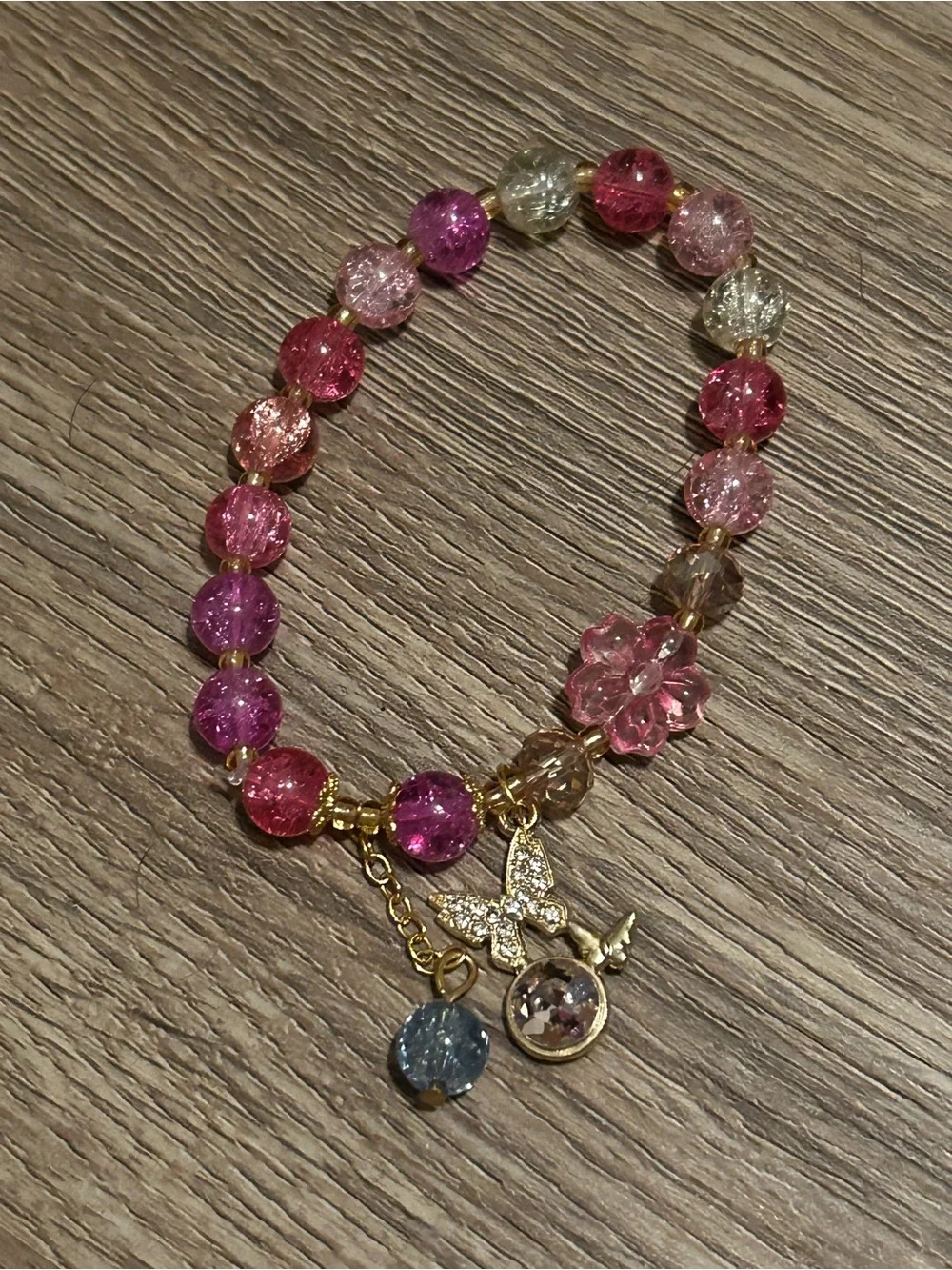 Gold Butterfly Charm Pink Beaded Stretch Bracelet